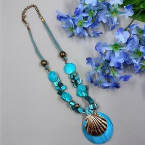 Mermaidcore Turquoise and Gold Shell Pendant Necklace with Genuine Abalone
